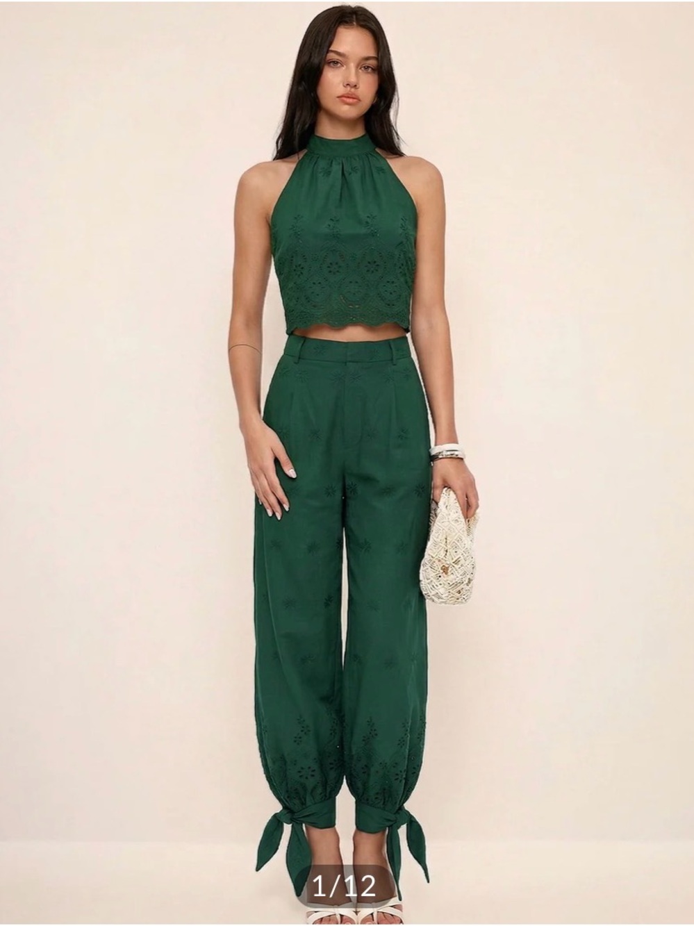 Commense Eyelet embroidered top and tie cuff pant set